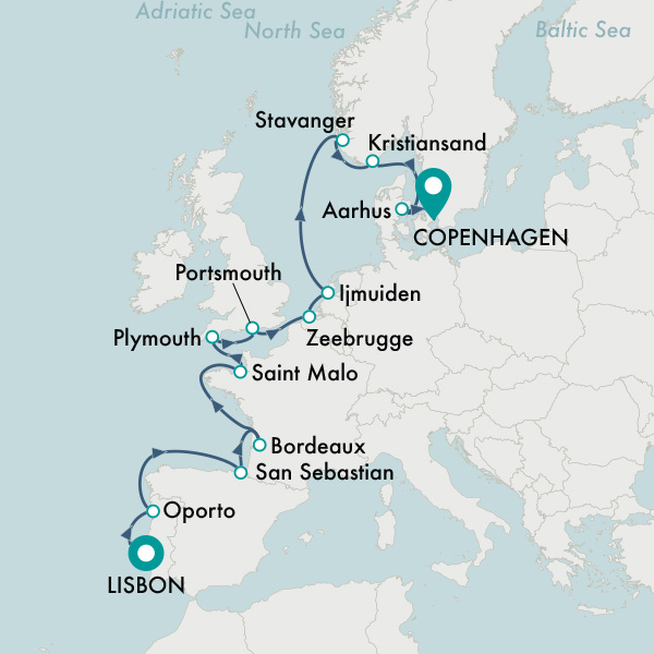18-Nights Lisbon to Copenhagen itinerary map
